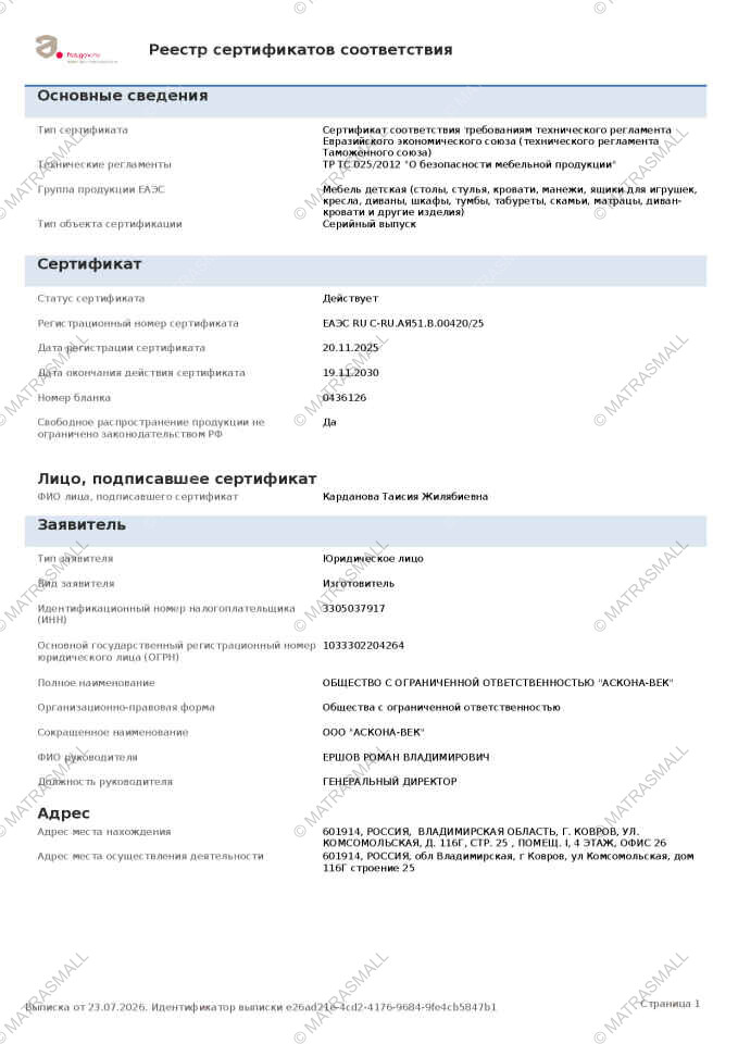 Сертификат соответствия Мир матрасов Детские из реестра